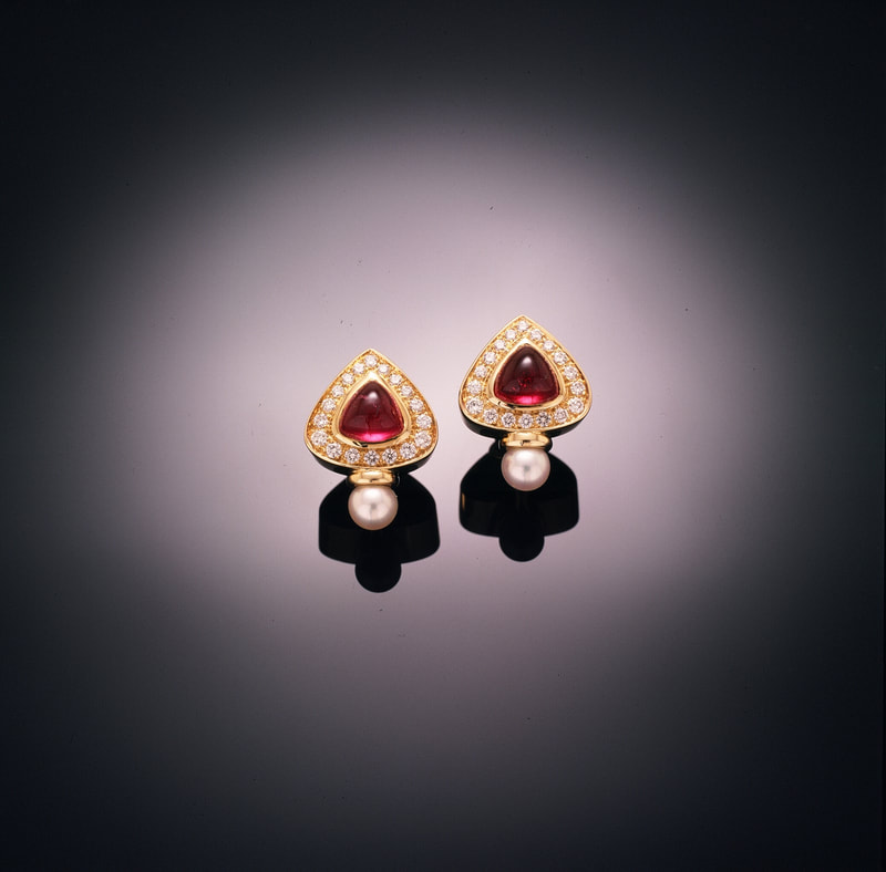 Gold earrings with rubellite tourmaline and pearls
